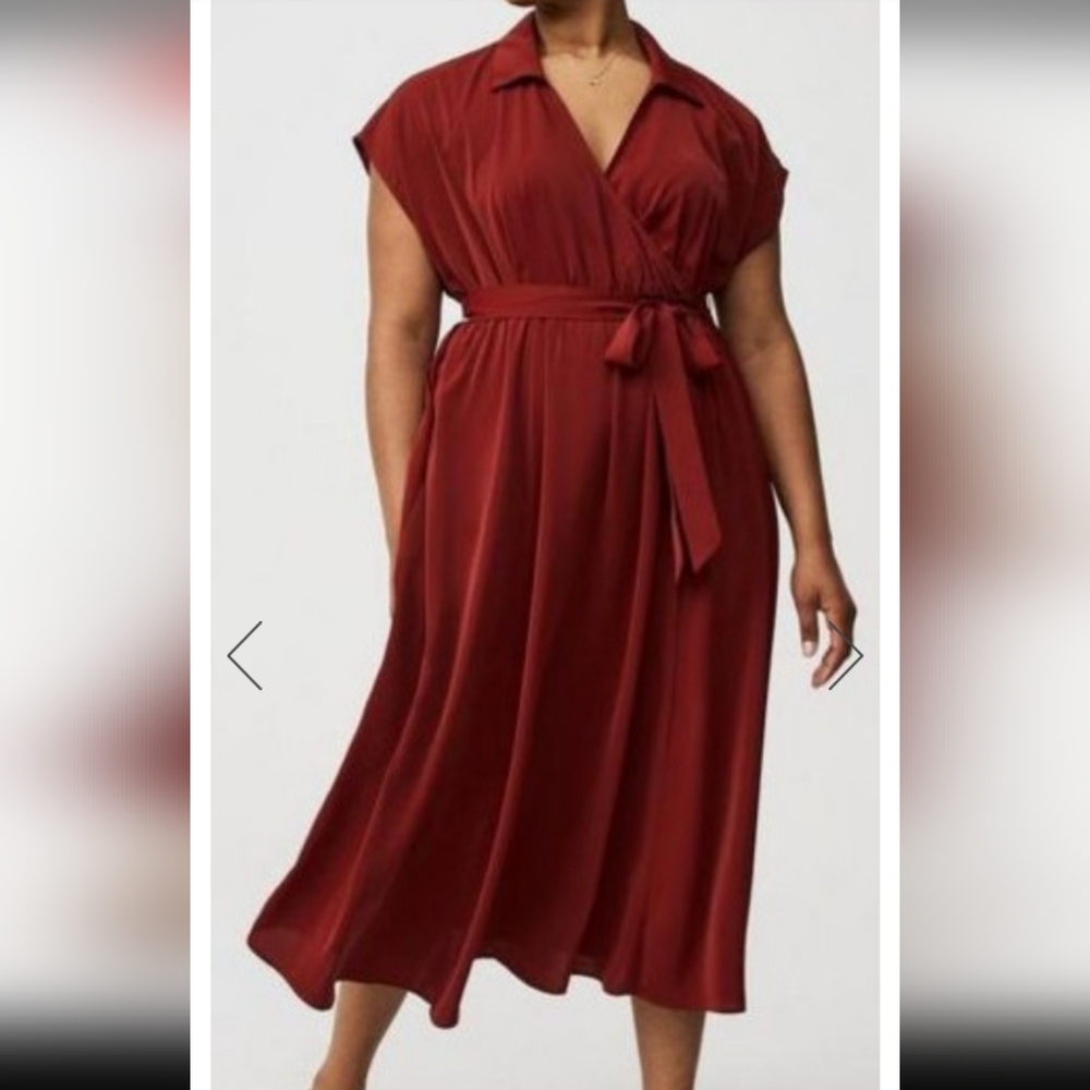 Surplice Red Midi Shirt Dress with Waist Tie